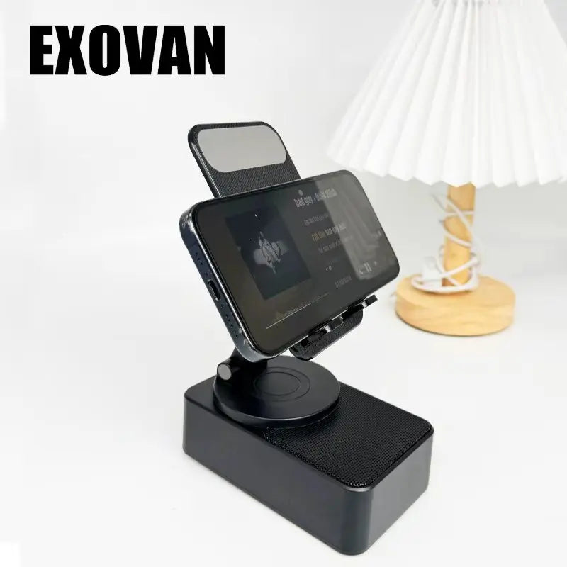 Wireless Audio Bluetooth Speaker 5In1 Phone Holder Emergency Rechargeable Withcolorful Ambient Light 300° Foldable for Tablet Iphone Android, Gifts for Men Women ,Black with LED Nightlight Wireless Induction Bluetooth Speaker Stand