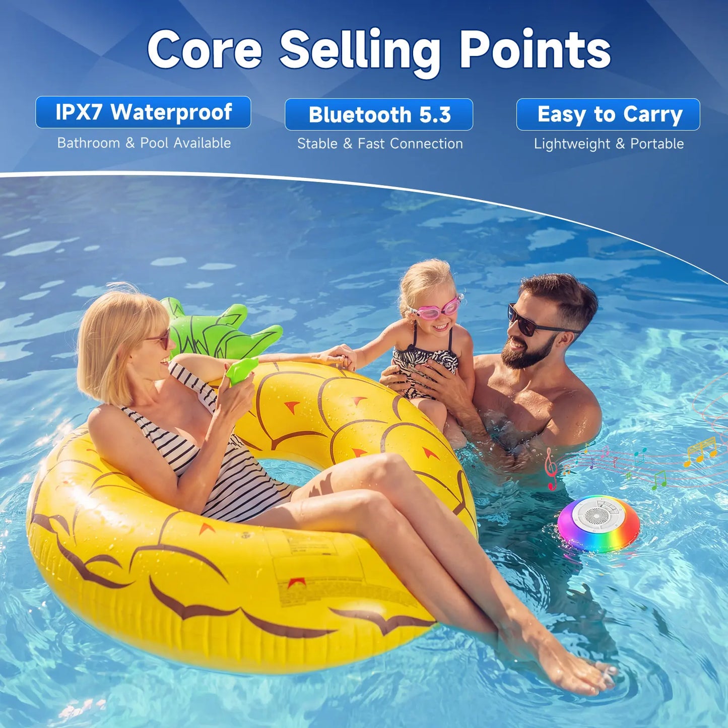 Floating Pool Speaker with Colorful Lights, IPX7 Waterproof, Wireless Bluetooth, Built-In Mic, Surround Sound, for Outdoor Use and Hot Tubs