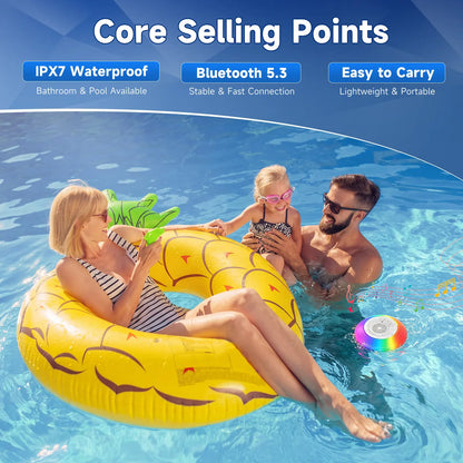 Floating Pool Speaker with Colorful Lights, IPX7 Waterproof, Wireless Bluetooth, Built-In Mic, Surround Sound, for Outdoor Use and Hot Tubs