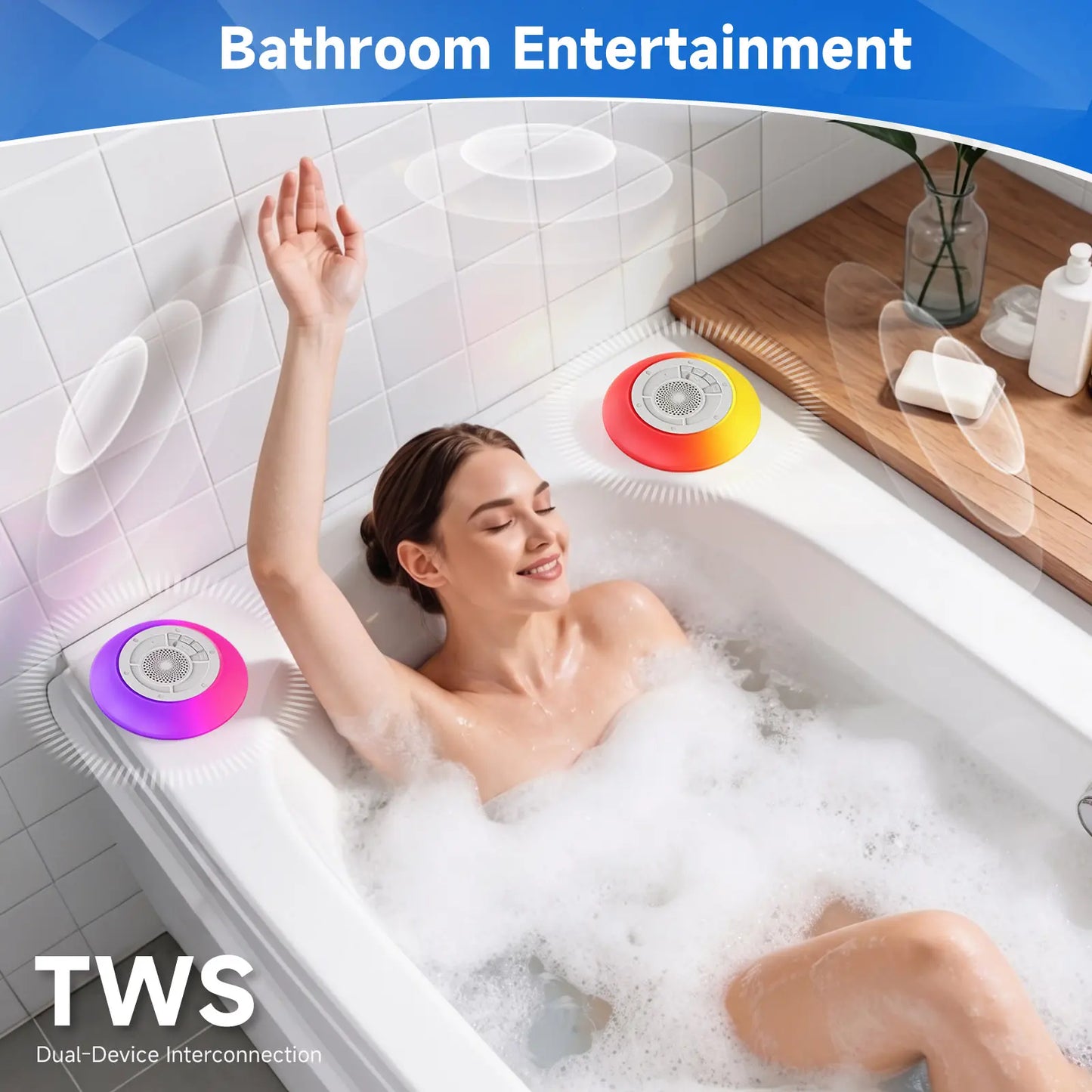 Floating Pool Speaker with Colorful Lights, IPX7 Waterproof, Wireless Bluetooth, Built-In Mic, Surround Sound, for Outdoor Use and Hot Tubs