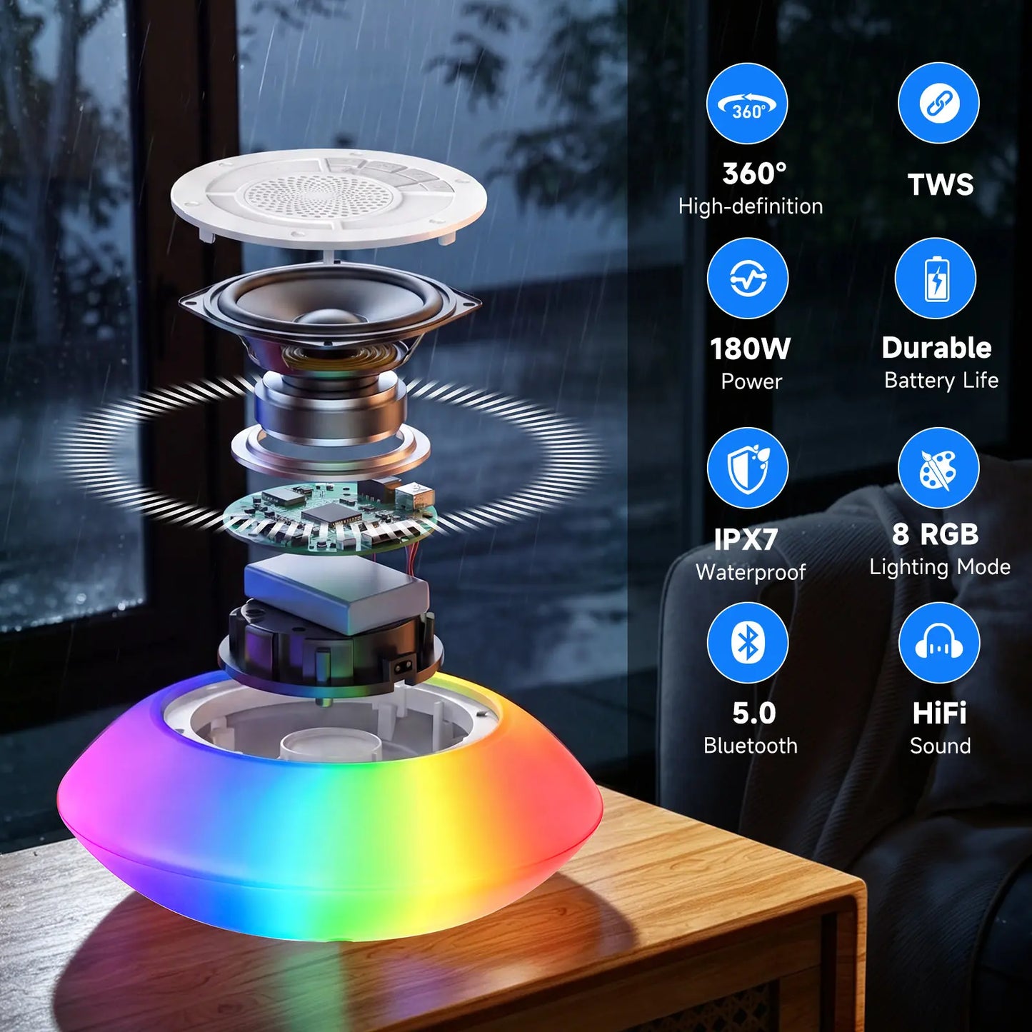Floating Pool Speaker with Colorful Lights, IPX7 Waterproof, Wireless Bluetooth, Built-In Mic, Surround Sound, for Outdoor Use and Hot Tubs