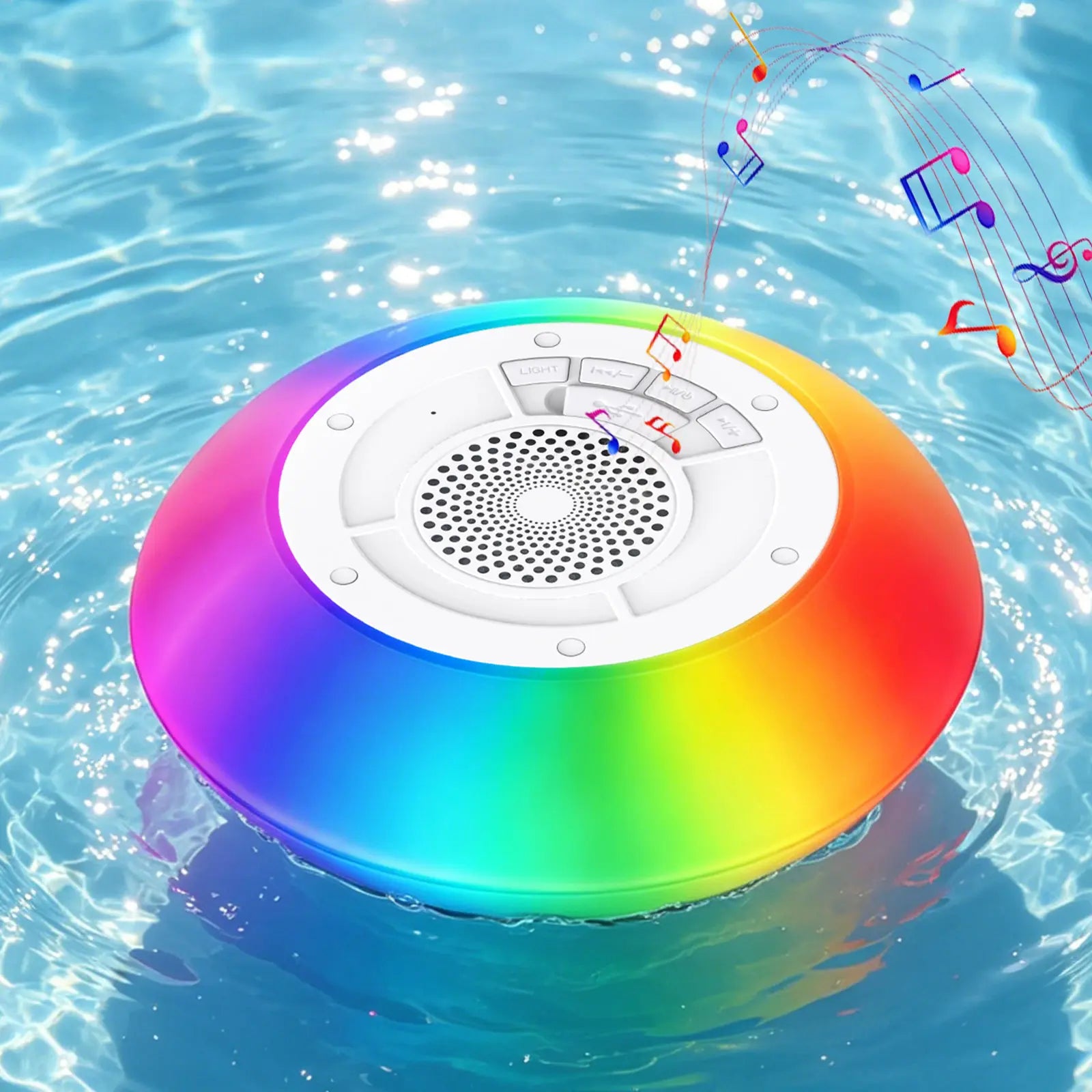 Floating Pool Speaker with Colorful Lights, IPX7 Waterproof, Wireless Bluetooth, Built-In Mic, Surround Sound, for Outdoor Use and Hot Tubs