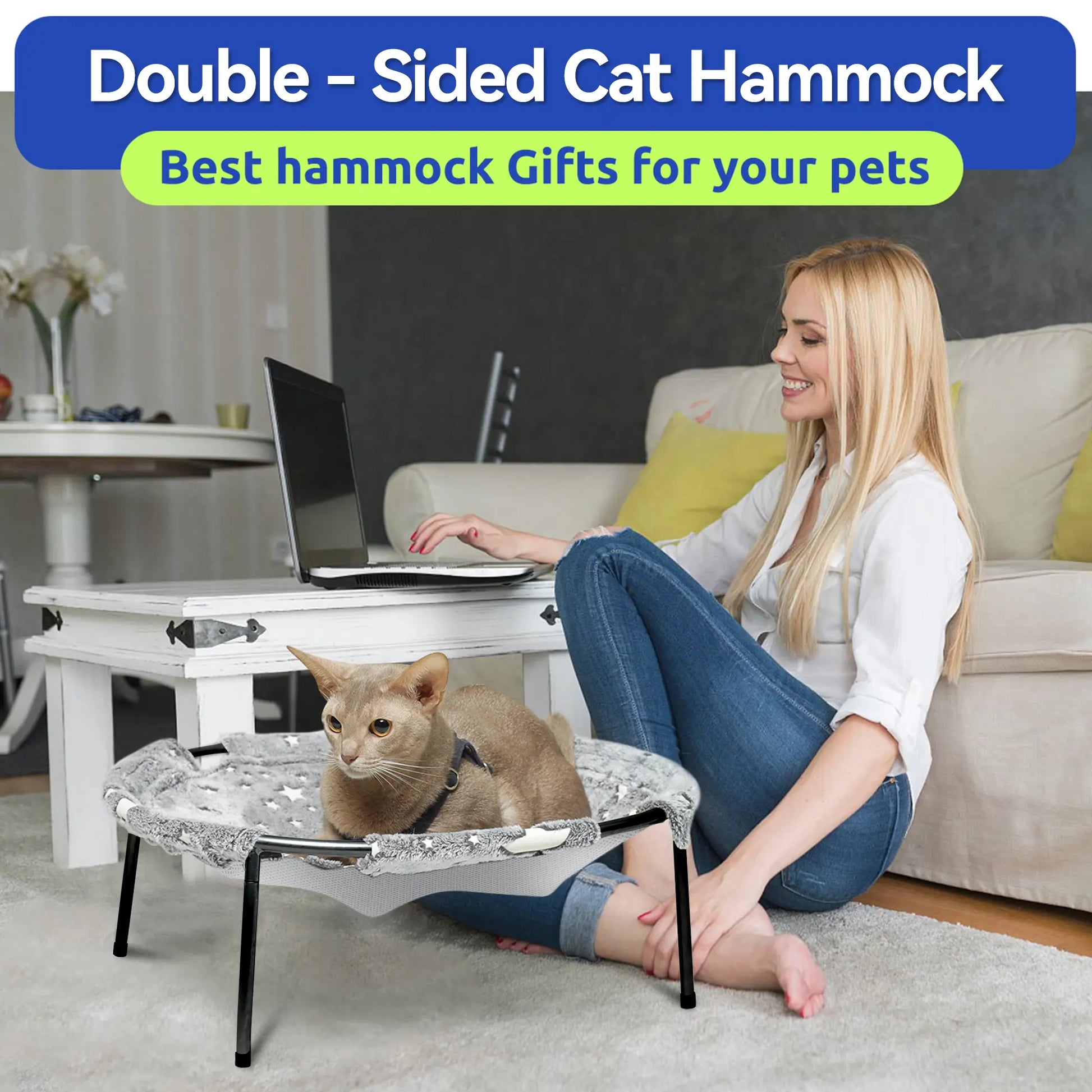 POMESEA Desk & Floor Cat Hammock,Soft Elevated Pet Bed for Dogs & Cats, Glow in the Dark,Napping Spot,Raised Cozy Hammock,Cat Lounge Furniture