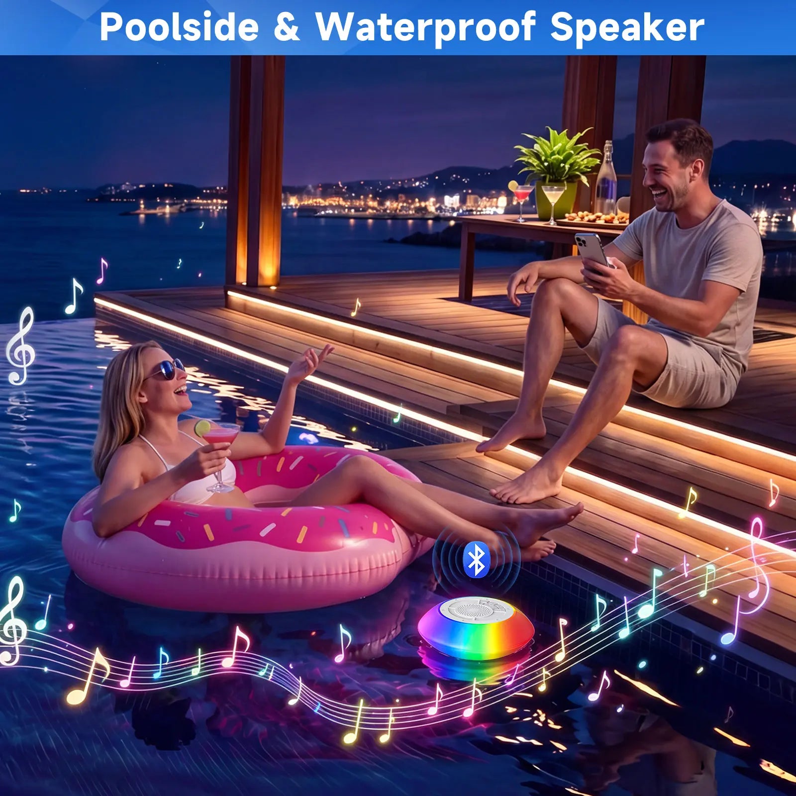Floating Pool Speaker with Colorful Lights, IPX7 Waterproof, Wireless Bluetooth, Built-In Mic, Surround Sound, for Outdoor Use and Hot Tubs