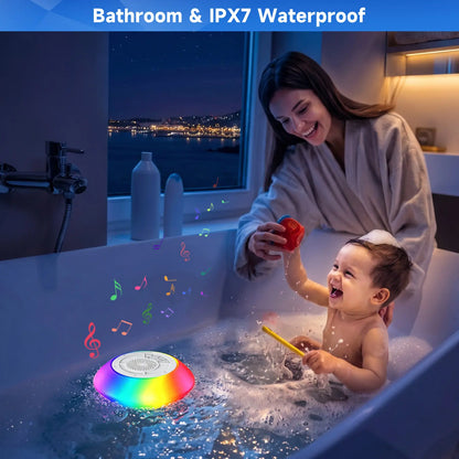 Floating Pool Speaker with Colorful Lights, IPX7 Waterproof, Wireless Bluetooth, Built-In Mic, Surround Sound, for Outdoor Use and Hot Tubs