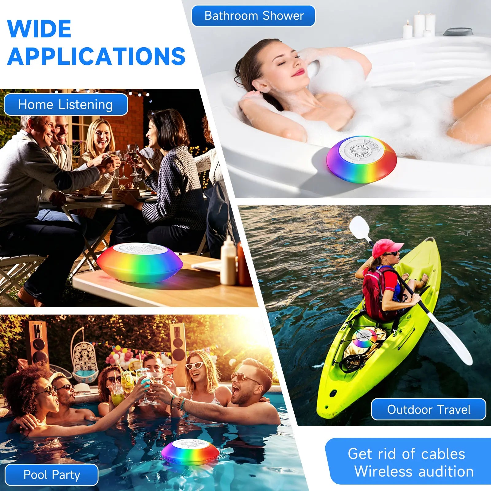 Floating Pool Speaker with Colorful Lights, IPX7 Waterproof, Wireless Bluetooth, Built-In Mic, Surround Sound, for Outdoor Use and Hot Tubs